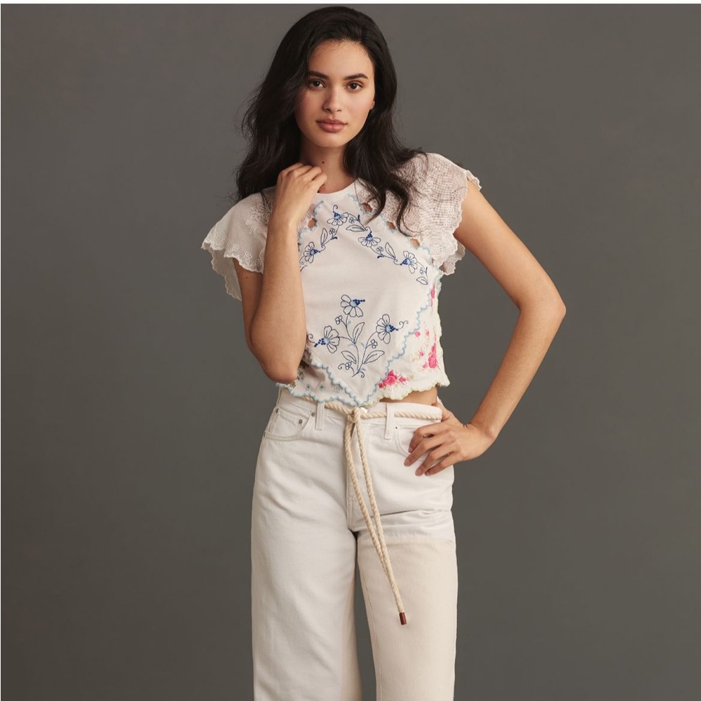 By Anthropologie Short Sleeve Pieced Hanky Cropped Top